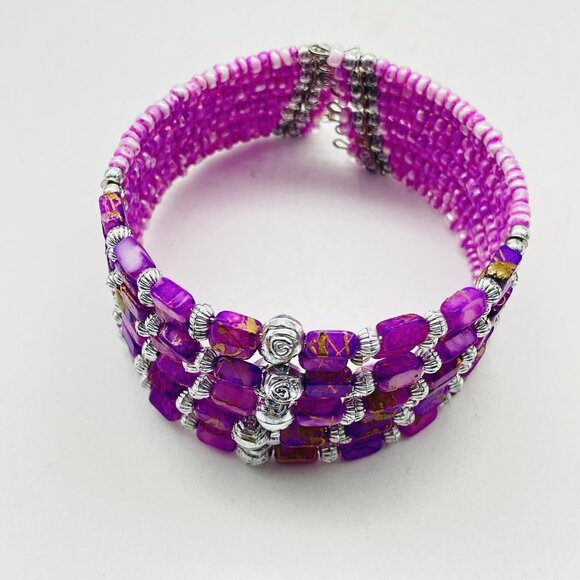 Beaded Cuff Bracelet Silver Tone Pink Purple Memory Wire Boho Festival Party - Picture 3 of 6
